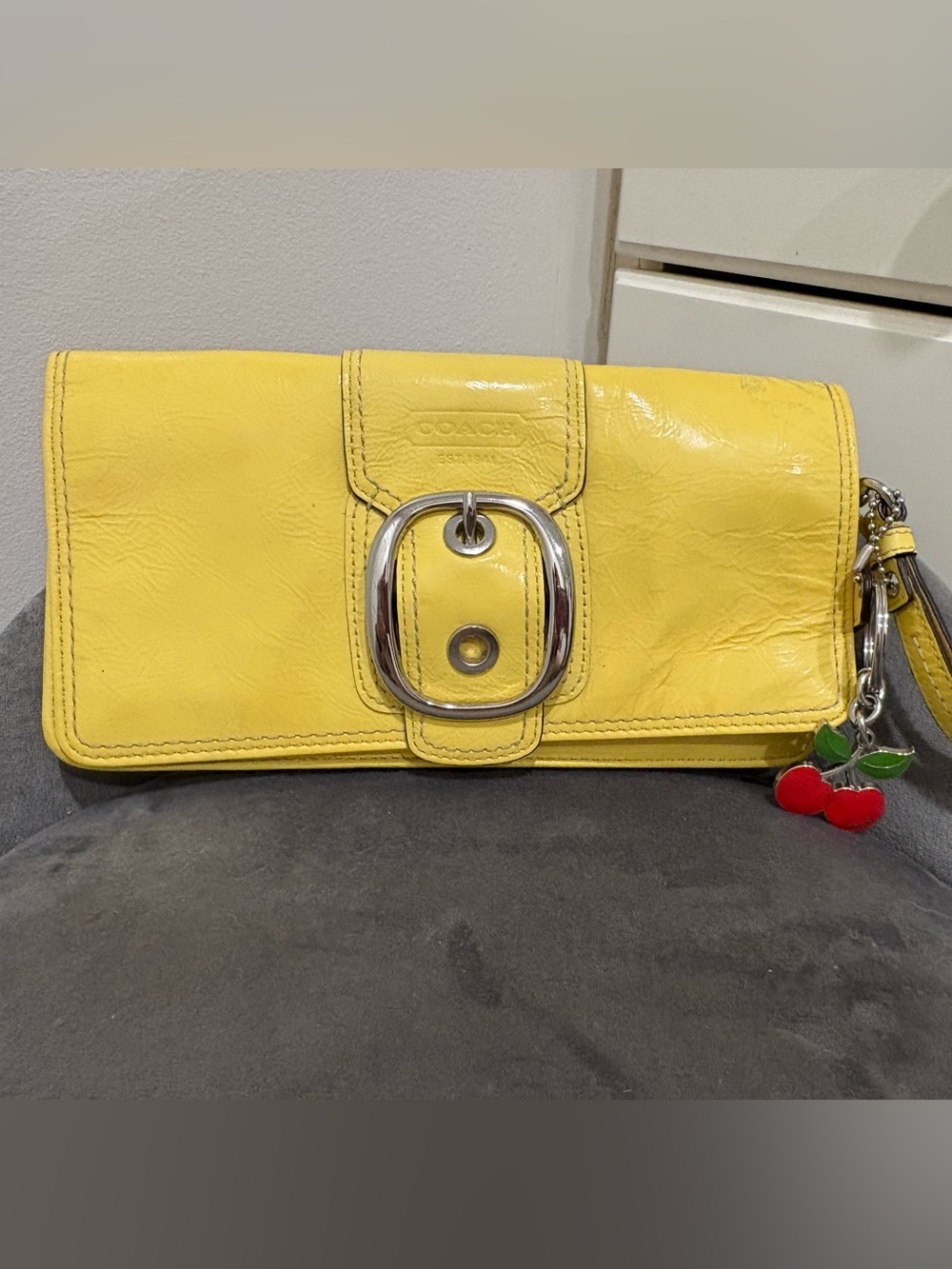 Coach Yellow Leather Clutch with Cherry Charm